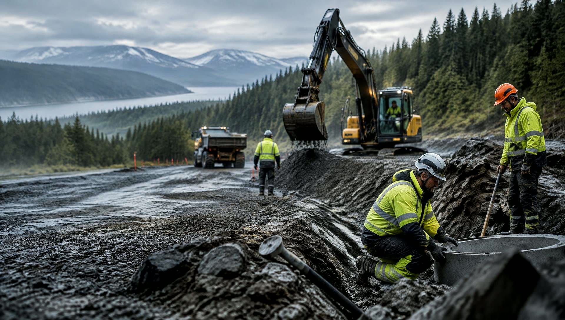 Arbetslag och maskiner i ett nordiskt infrastrukturprojekt